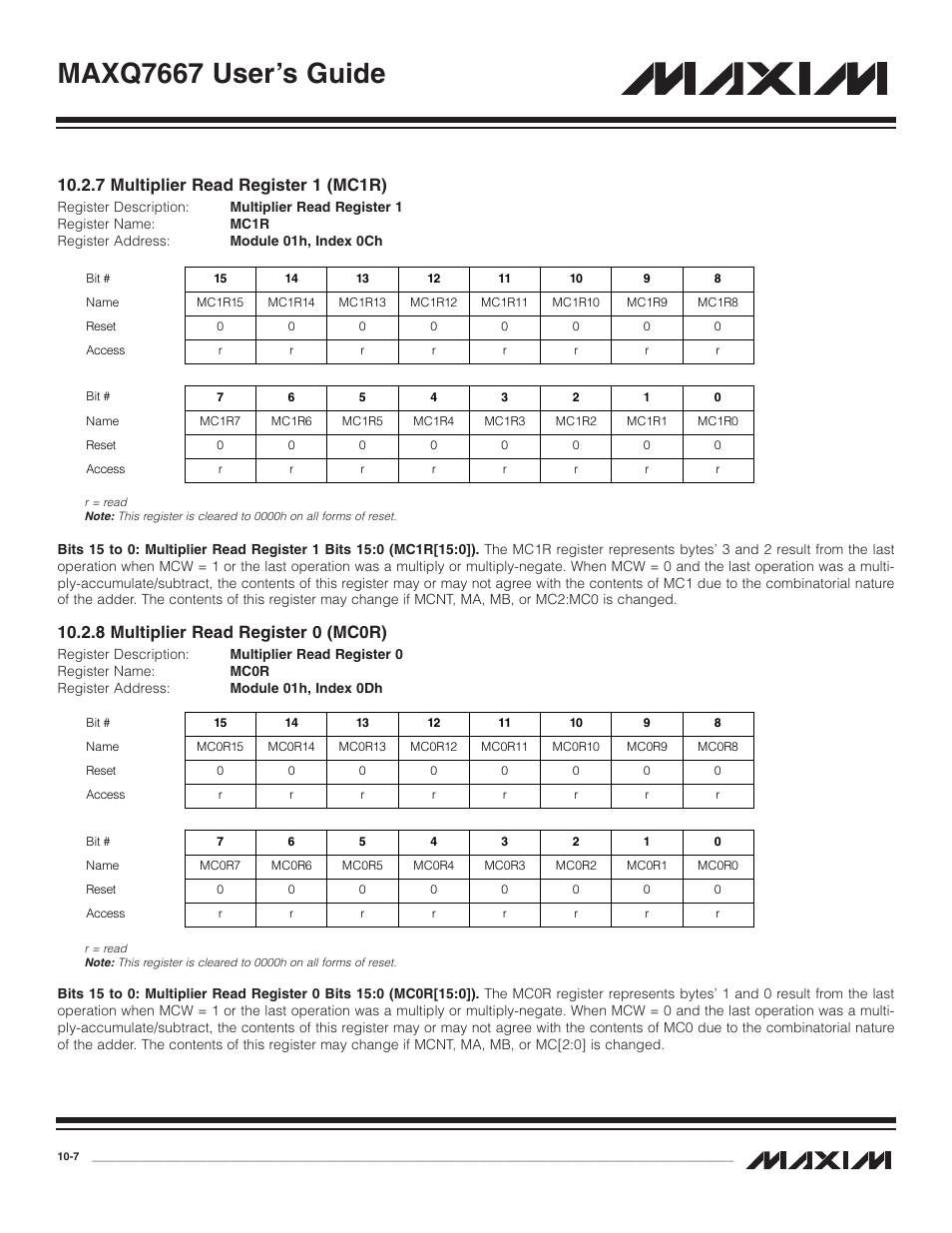 7 multiplier read regis, 8 multiplier read regis, 7 multiplier read register 1 (mc1r) -7 | 8 multiplier read register 0 (mc0r) -7, Maxq7667 user’s guide, 7 multiplier read register 1 (mc1r), 8 multiplier read register 0 (mc0r) | Maxim Integrated MAXQ7667 User Manual | Page 186 / 347