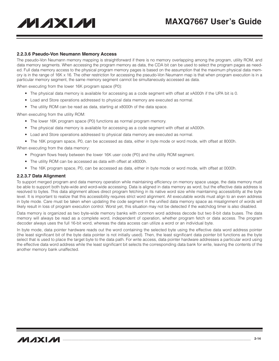 6 pseudo-von neumann m, 7 data alignment, 6 pseudo-von neumann memory access -14 | 7 data alignment -14, Maxq7667 user’s guide | Maxim Integrated MAXQ7667 User Manual | Page 19 / 347