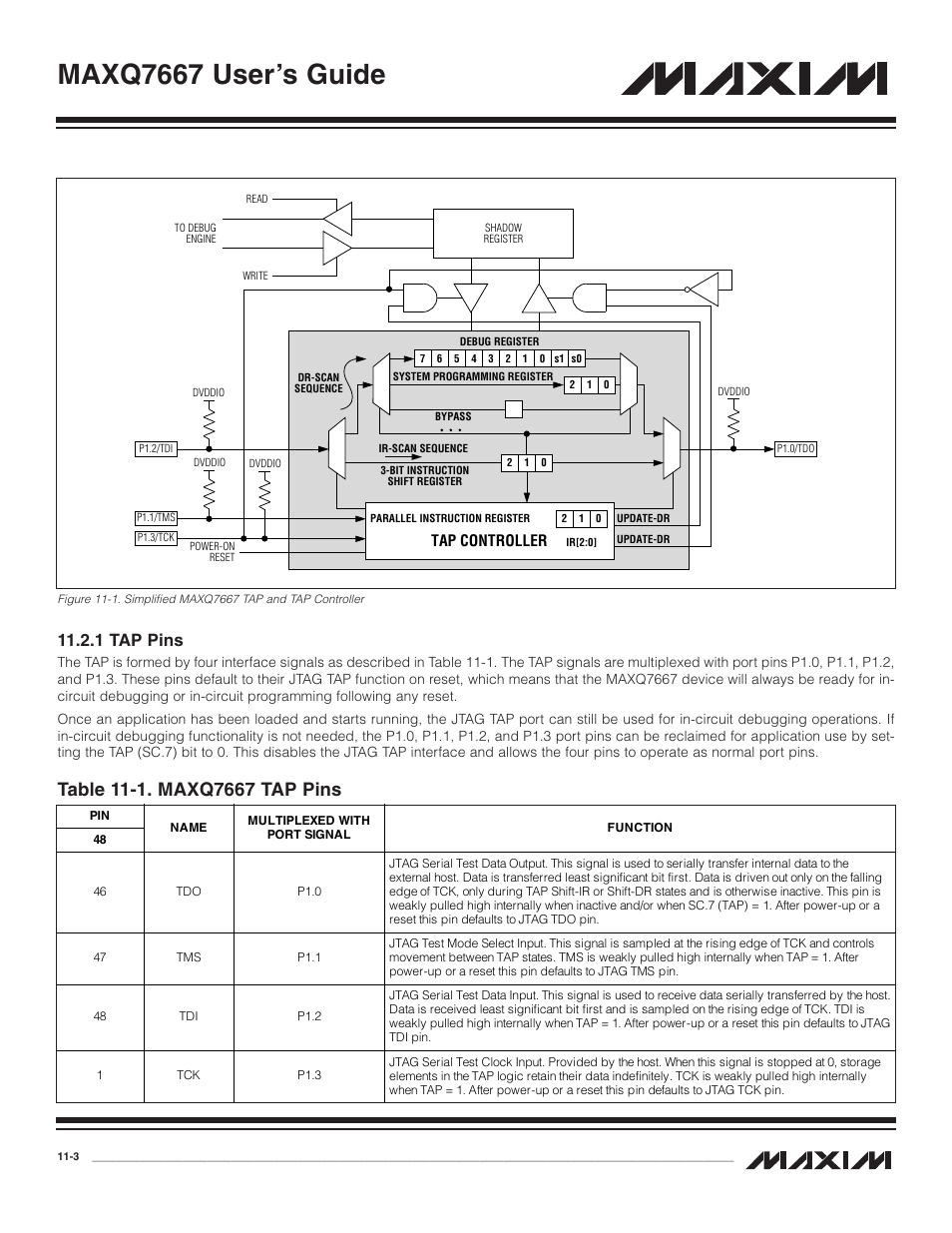 1 tap pins, 1 tap pins -3, Table 11-1. maxq7667 tap pins -3 | Maxq7667 user’s guide, Tap controller | Maxim Integrated MAXQ7667 User Manual | Page 192 / 347