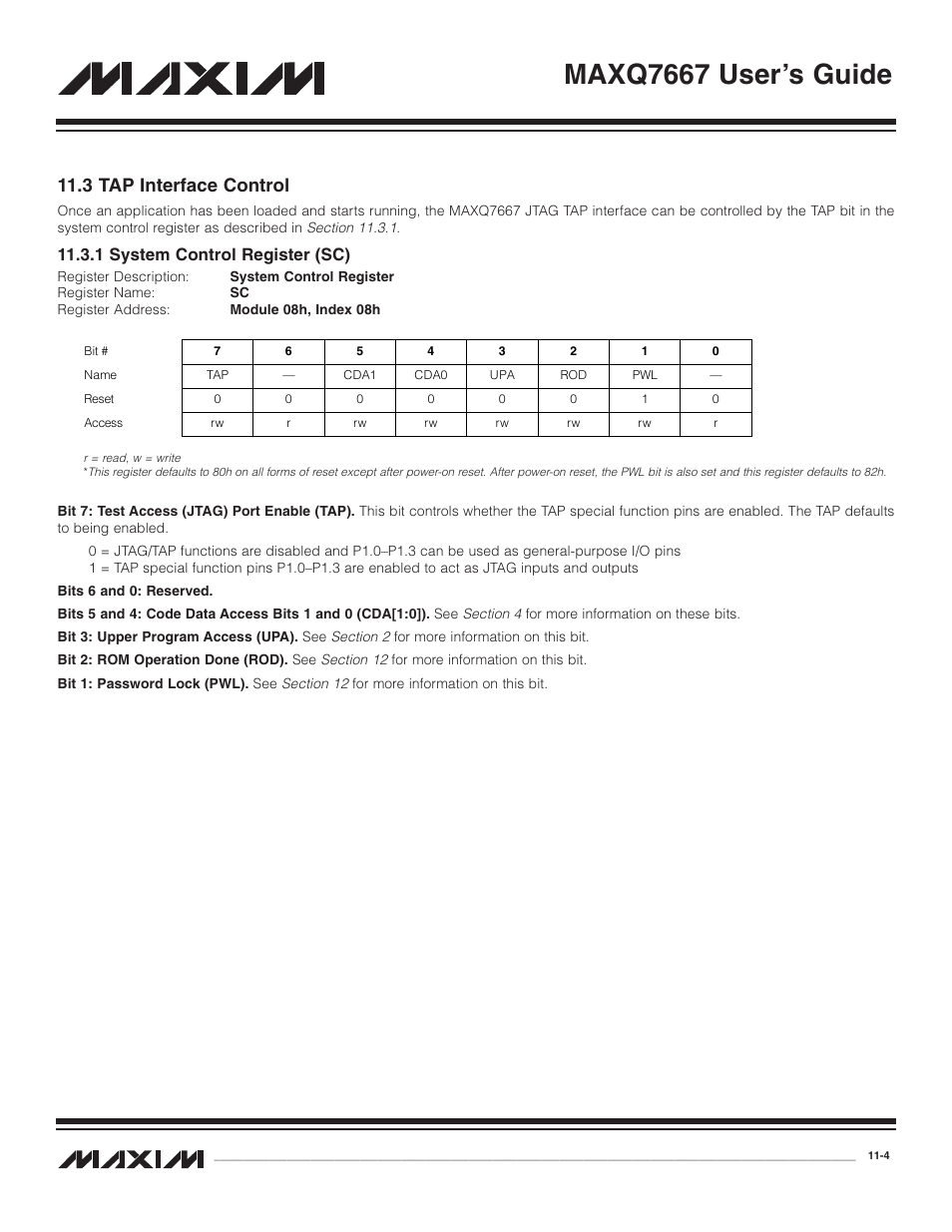 3 tap interface control, 1 system control regist, 3 tap interface control -4 | 1 system control register (sc) -4, Maxq7667 user’s guide, 1 system control register (sc) | Maxim Integrated MAXQ7667 User Manual | Page 193 / 347