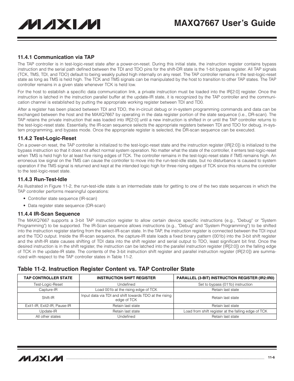 1 communication via tap, 2 test-logic-reset, 3 run-test-idle | 4 ir-scan sequence, 1 communication via tap -6, 2 test-logic-reset -6, 3 run-test-idle -6, 4 ir-scan sequence -6, Maxq7667 user’s guide | Maxim Integrated MAXQ7667 User Manual | Page 195 / 347