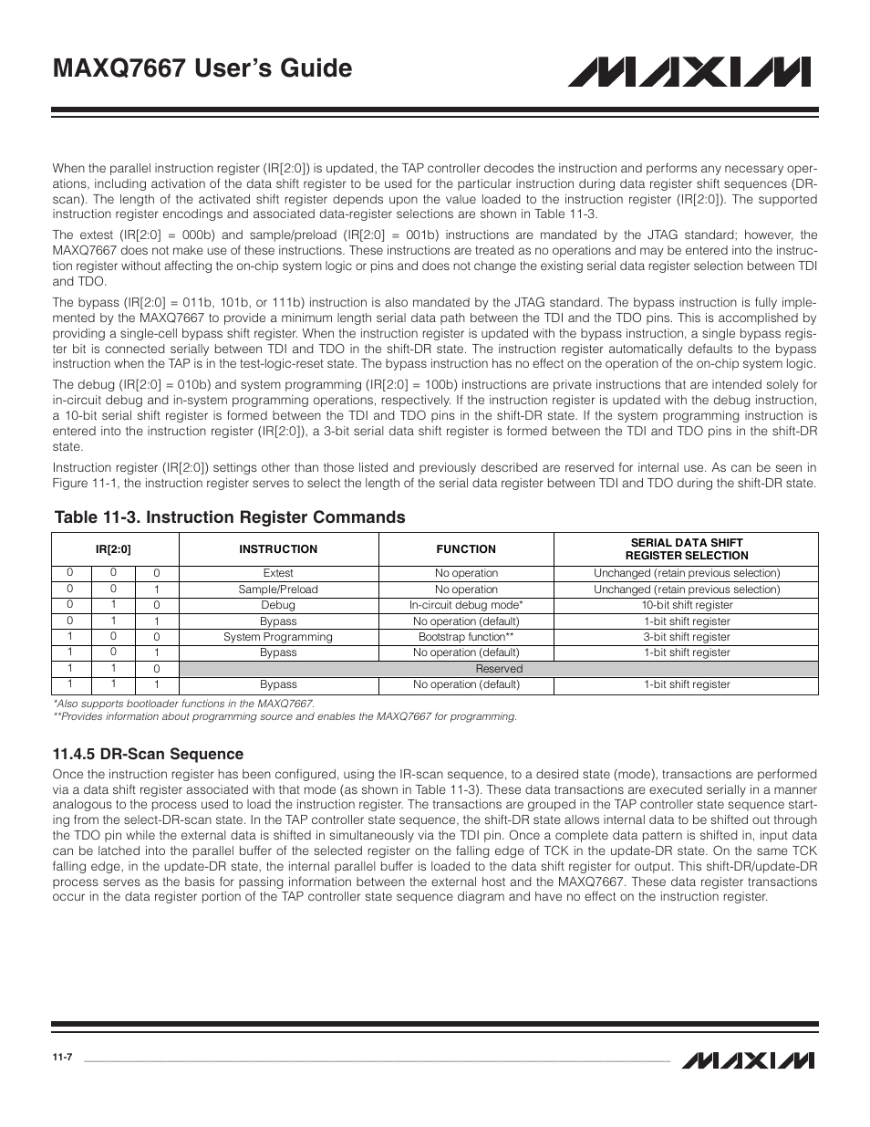 5 dr-scan sequence, 5 dr-scan sequence -7, Table 11-3. instruction register commands -7 | Maxq7667 user’s guide, Table 11-3. instruction register commands | Maxim Integrated MAXQ7667 User Manual | Page 196 / 347