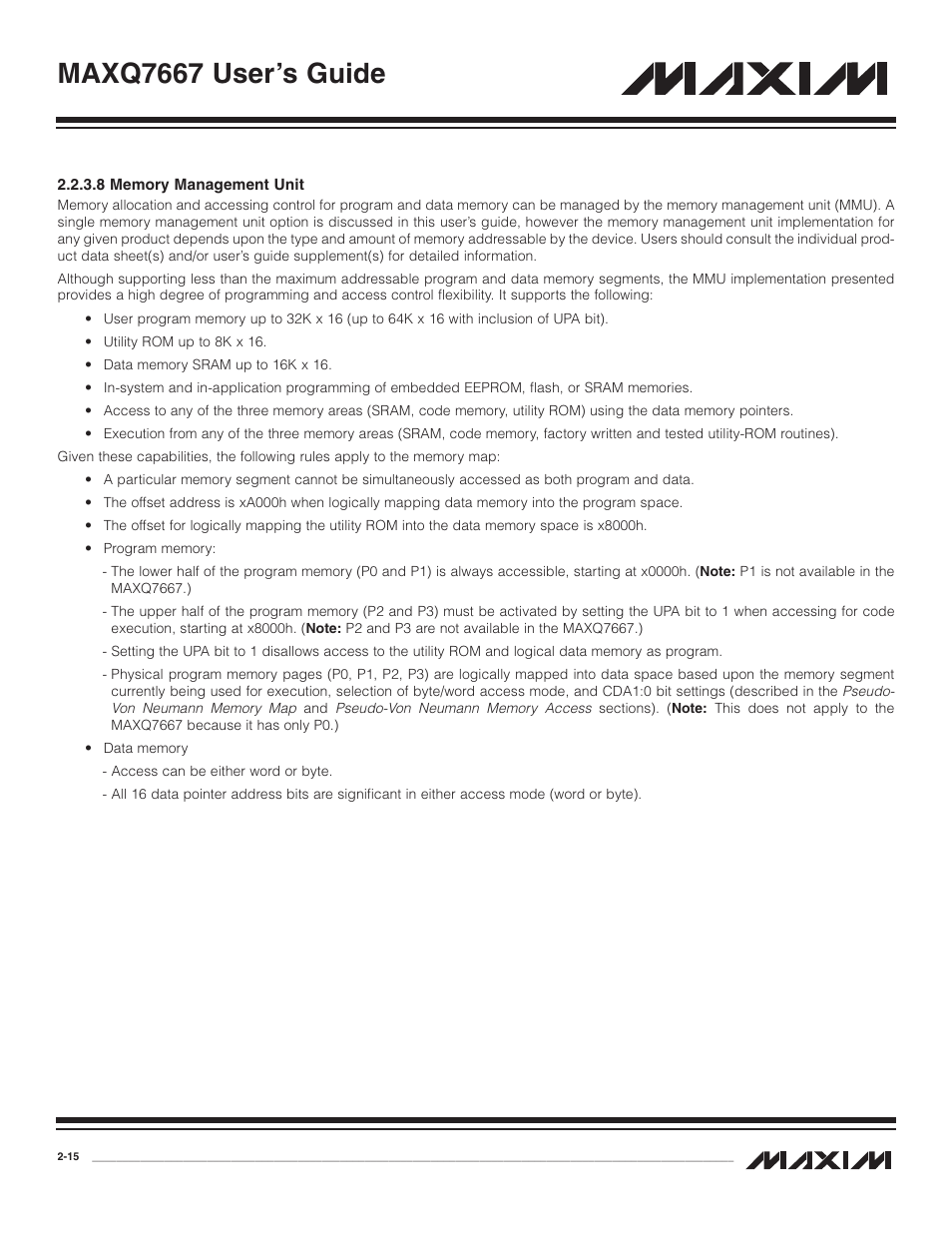 8 memory management unit, 8 memory management unit -15, Maxq7667 user’s guide | Maxim Integrated MAXQ7667 User Manual | Page 20 / 347