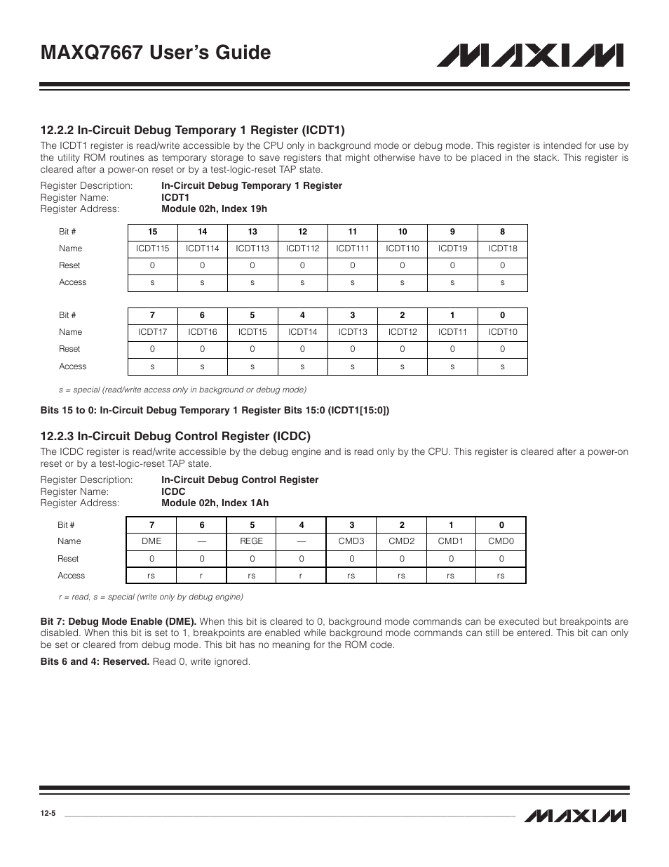 2 in-circuit debug temp, 3 in-circuit debug cont, 2 in-circuit debug temporary 1 register (icdt1) -5 | 3 in-circuit debug control register (icdc) -5, Maxq7667 user’s guide, 2 in-circuit debug temporary 1 register (icdt1), 3 in-circuit debug control register (icdc) | Maxim Integrated MAXQ7667 User Manual | Page 203 / 347