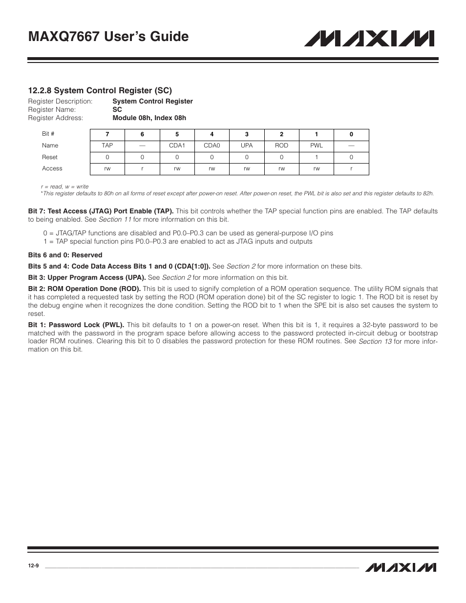 8 system control regist, 8 system control register (sc) -9, Maxq7667 user’s guide | 8 system control register (sc) | Maxim Integrated MAXQ7667 User Manual | Page 207 / 347