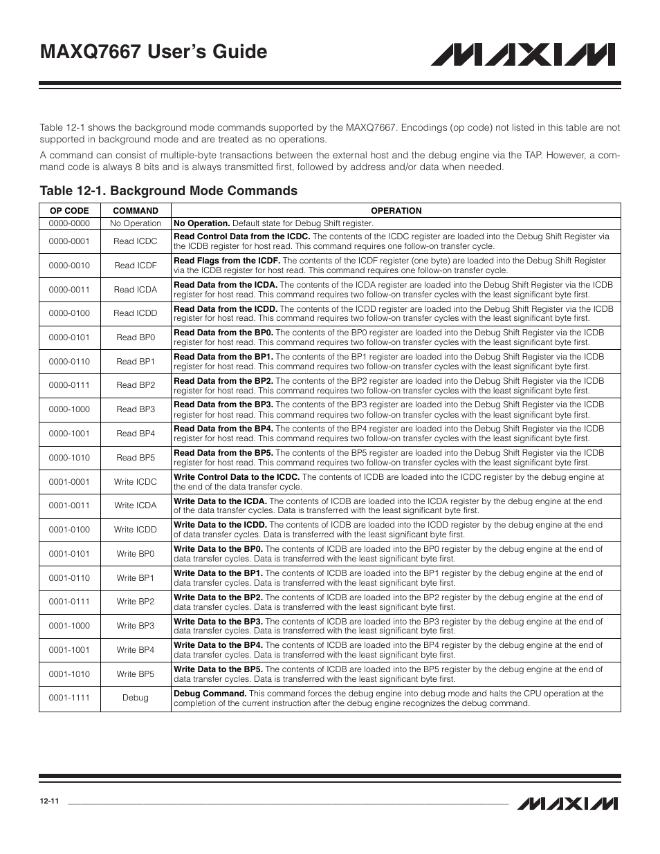 Table 12-1. background mode commands -11, Maxq7667 user’s guide, Table 12-1. background mode commands | Maxim Integrated MAXQ7667 User Manual | Page 209 / 347