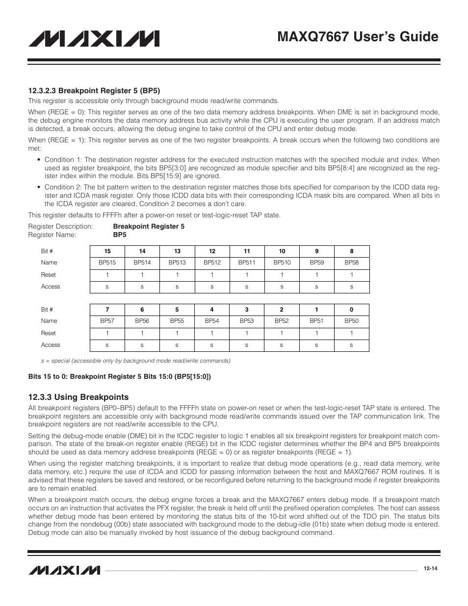 3 breakpoint register, 3 using breakpoints, 3 breakpoint register 5 (bp5) -14 | 3 using breakpoints -14, Maxq7667 user’s guide | Maxim Integrated MAXQ7667 User Manual | Page 212 / 347