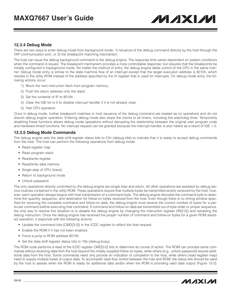 4 debug mode, 5 debug mode commands, 4 debug mode -15 | 5 debug mode commands -15, Maxq7667 user’s guide | Maxim Integrated MAXQ7667 User Manual | Page 213 / 347