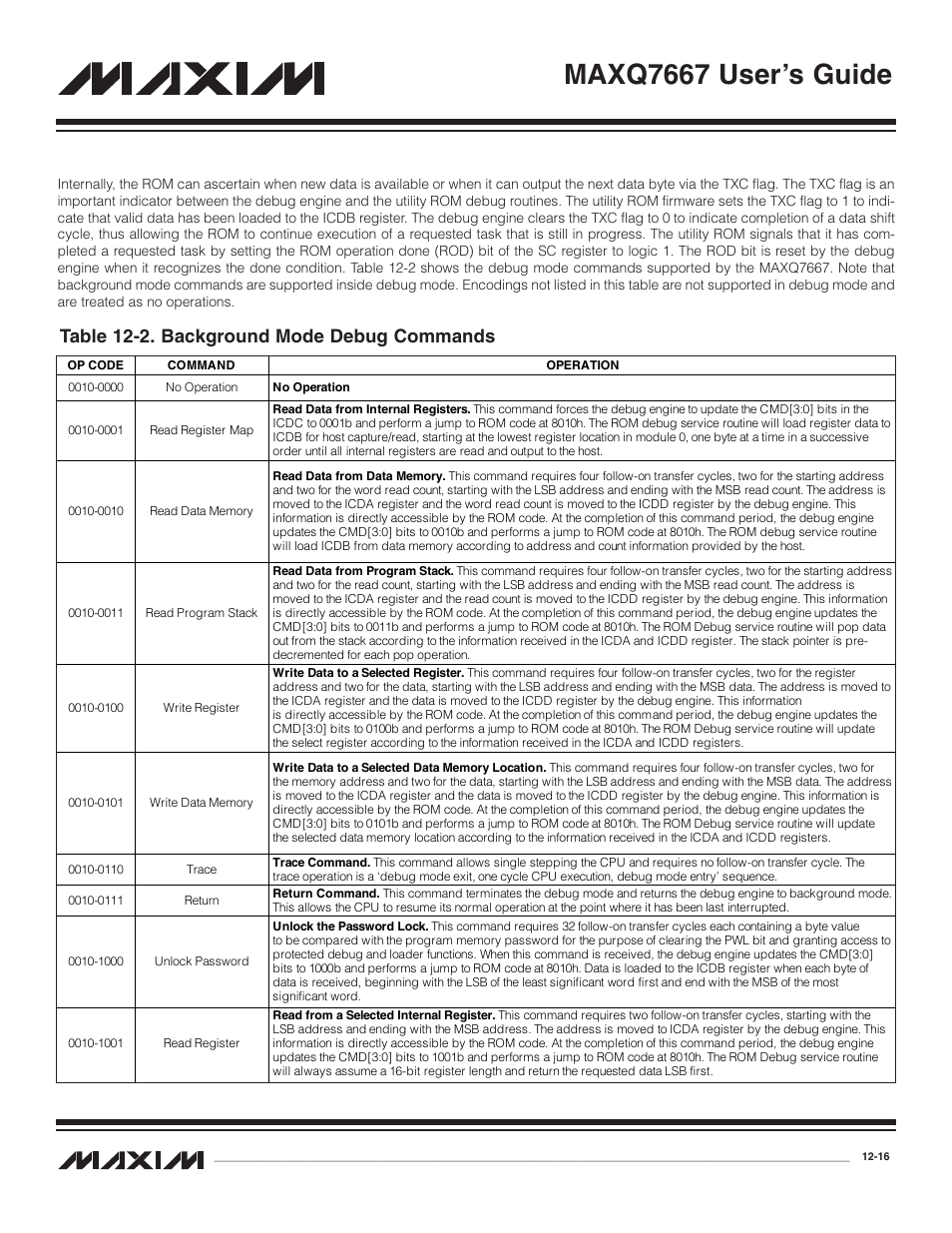 Table 12-2. background mode debug commands -16, Maxq7667 user’s guide, Table 12-2. background mode debug commands | Maxim Integrated MAXQ7667 User Manual | Page 214 / 347