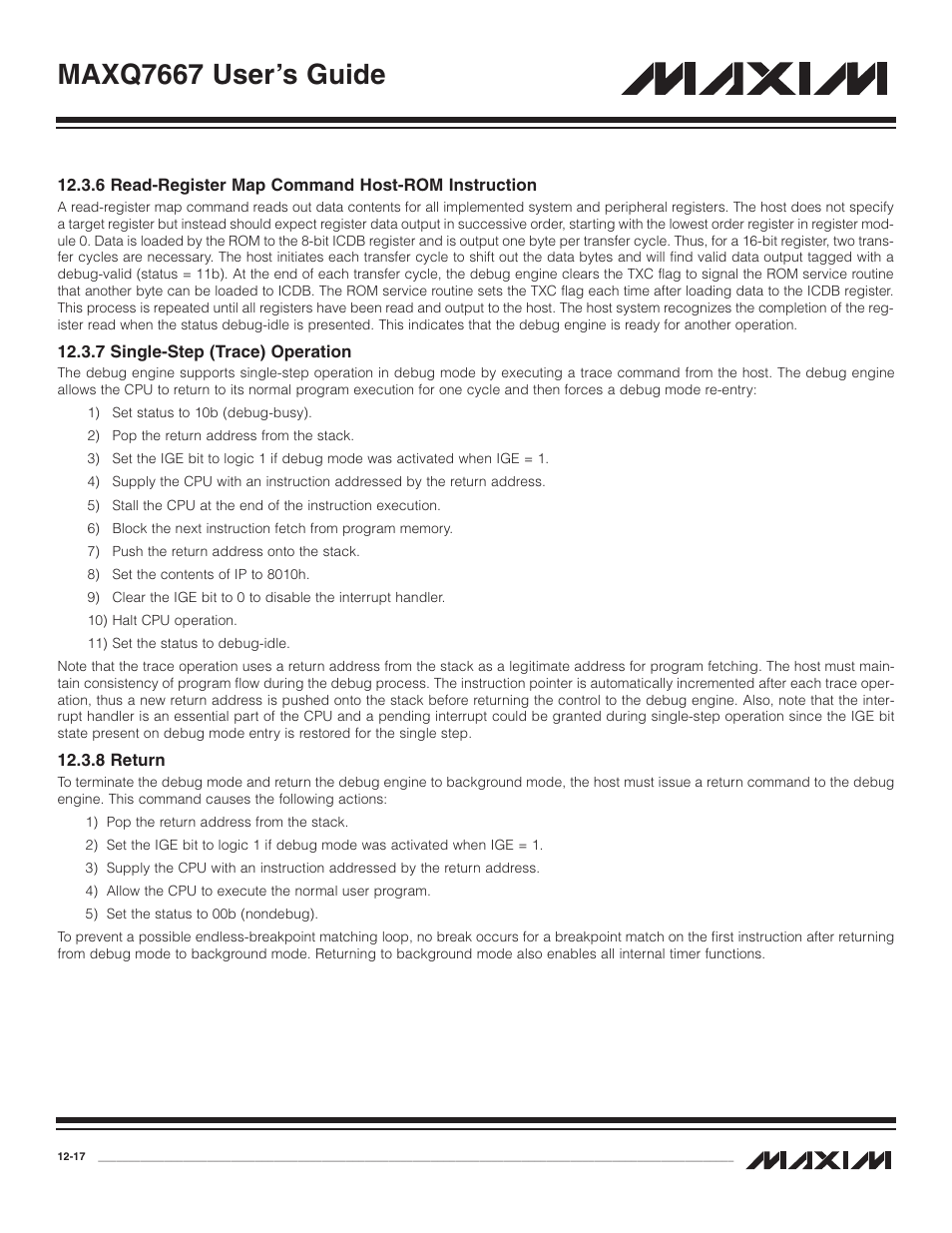6 read-register map com, 7 single-step (trace) o, 8 return | 7 single-step (trace) operation -17, 8 return -17, Maxq7667 user’s guide | Maxim Integrated MAXQ7667 User Manual | Page 215 / 347