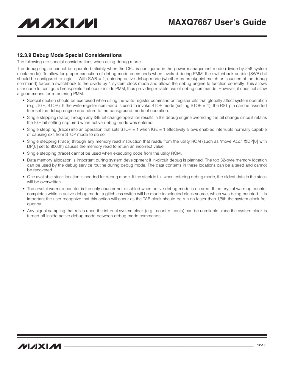 9 debug mode special co, 9 debug mode special considerations -18, Maxq7667 user’s guide | Maxim Integrated MAXQ7667 User Manual | Page 216 / 347