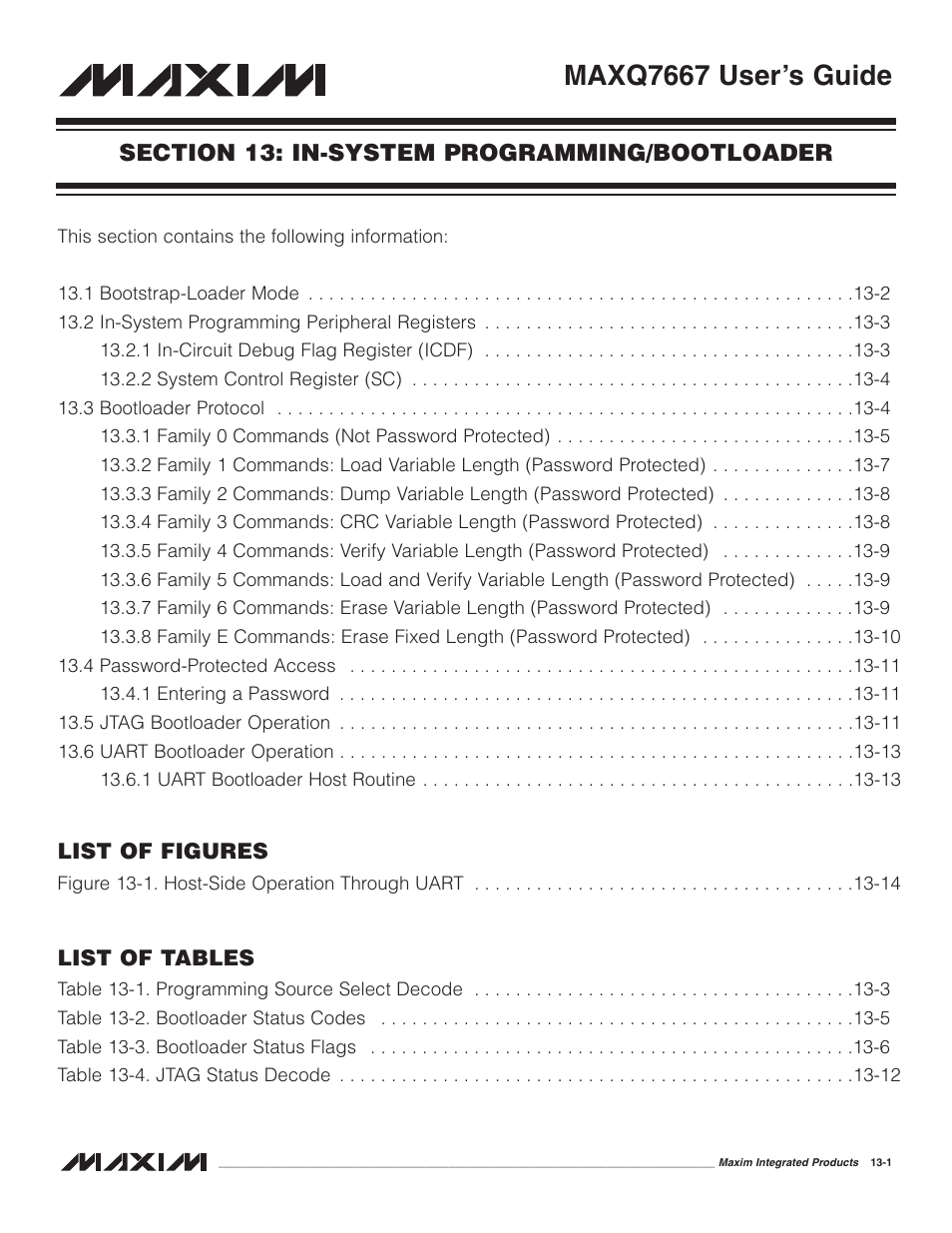 Section 13: in-system programming/bootloader, Section 13: in-system programming/bootloader -1, Maxq7667 user’s guide | Maxim Integrated MAXQ7667 User Manual | Page 219 / 347