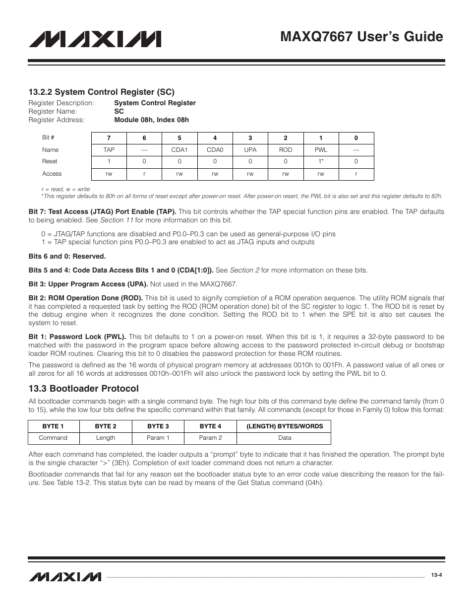 2 system control regist, 3 bootloader protocol, 2 system control register (sc) -4 | 3 bootloader protocol -4, Maxq7667 user’s guide, 2 system control register (sc) | Maxim Integrated MAXQ7667 User Manual | Page 222 / 347