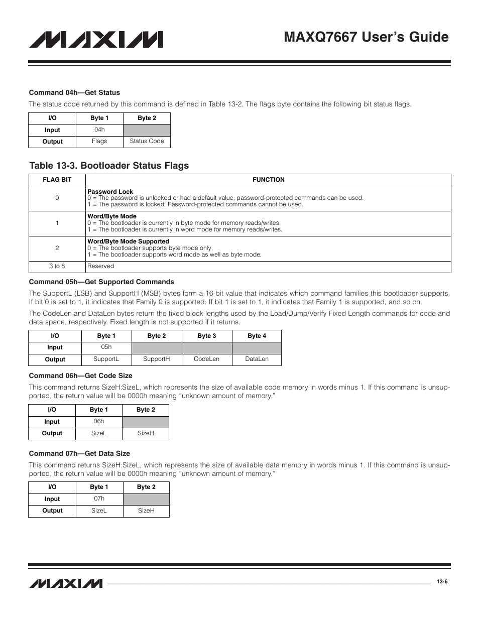 Table 13-3. bootloader status flags -6, Maxq7667 user’s guide, Table 13-3. bootloader status flags | Maxim Integrated MAXQ7667 User Manual | Page 224 / 347