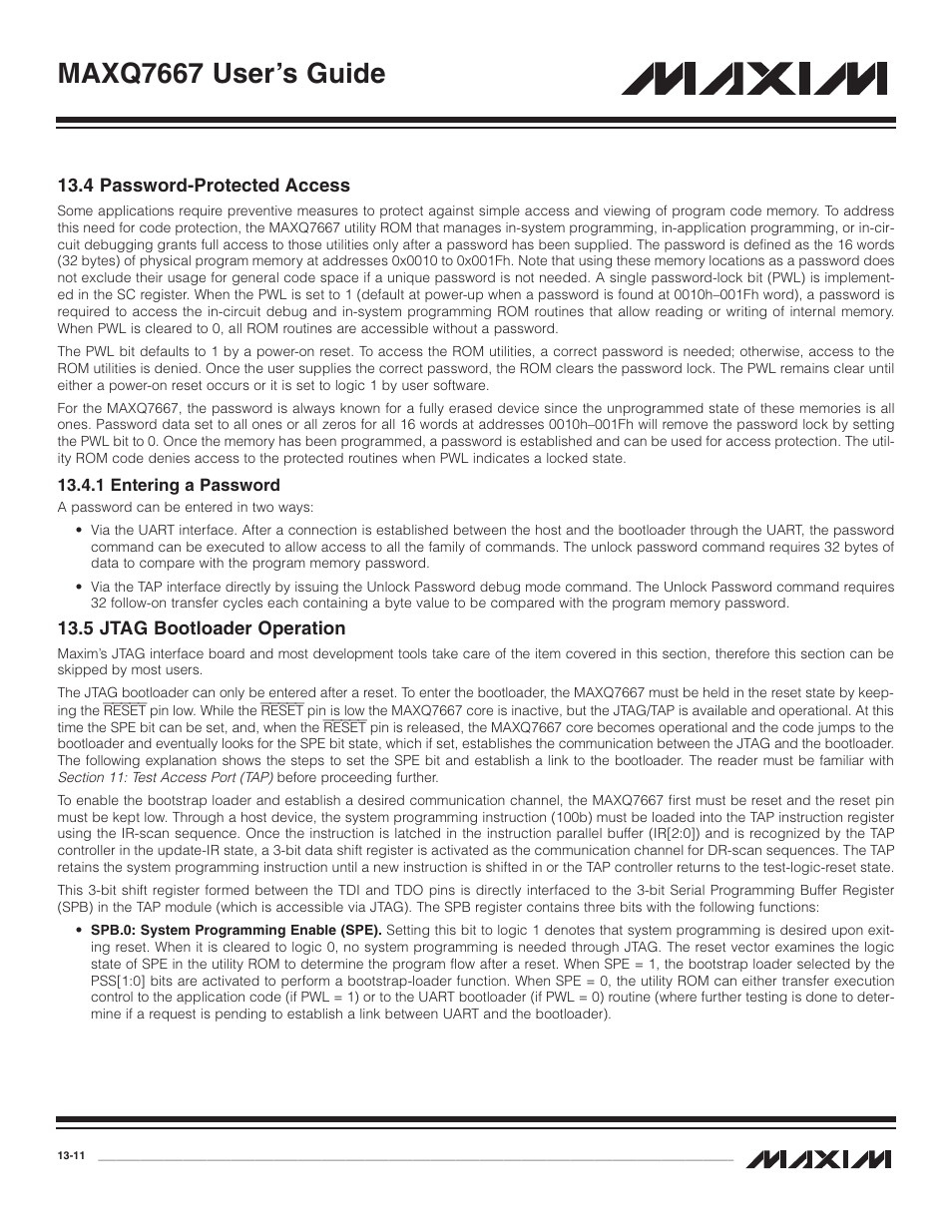 4 password-protected access, 1 entering a password, 5 jtag bootloader operation | 4 password-protected access -11, 1 entering a password -11, 5 jtag bootloader operation -11, Maxq7667 user’s guide | Maxim Integrated MAXQ7667 User Manual | Page 229 / 347