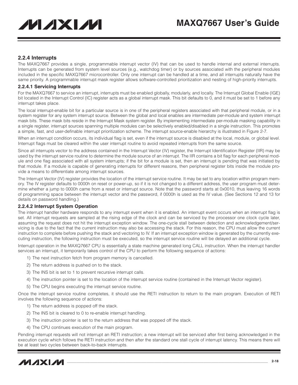 4 interrupts, 1 servicing interrupts, 2 interrupt system ope | 4 interrupts -18, 1 servicing interrupts -18, 2 interrupt system operation -18, Maxq7667 user’s guide | Maxim Integrated MAXQ7667 User Manual | Page 23 / 347