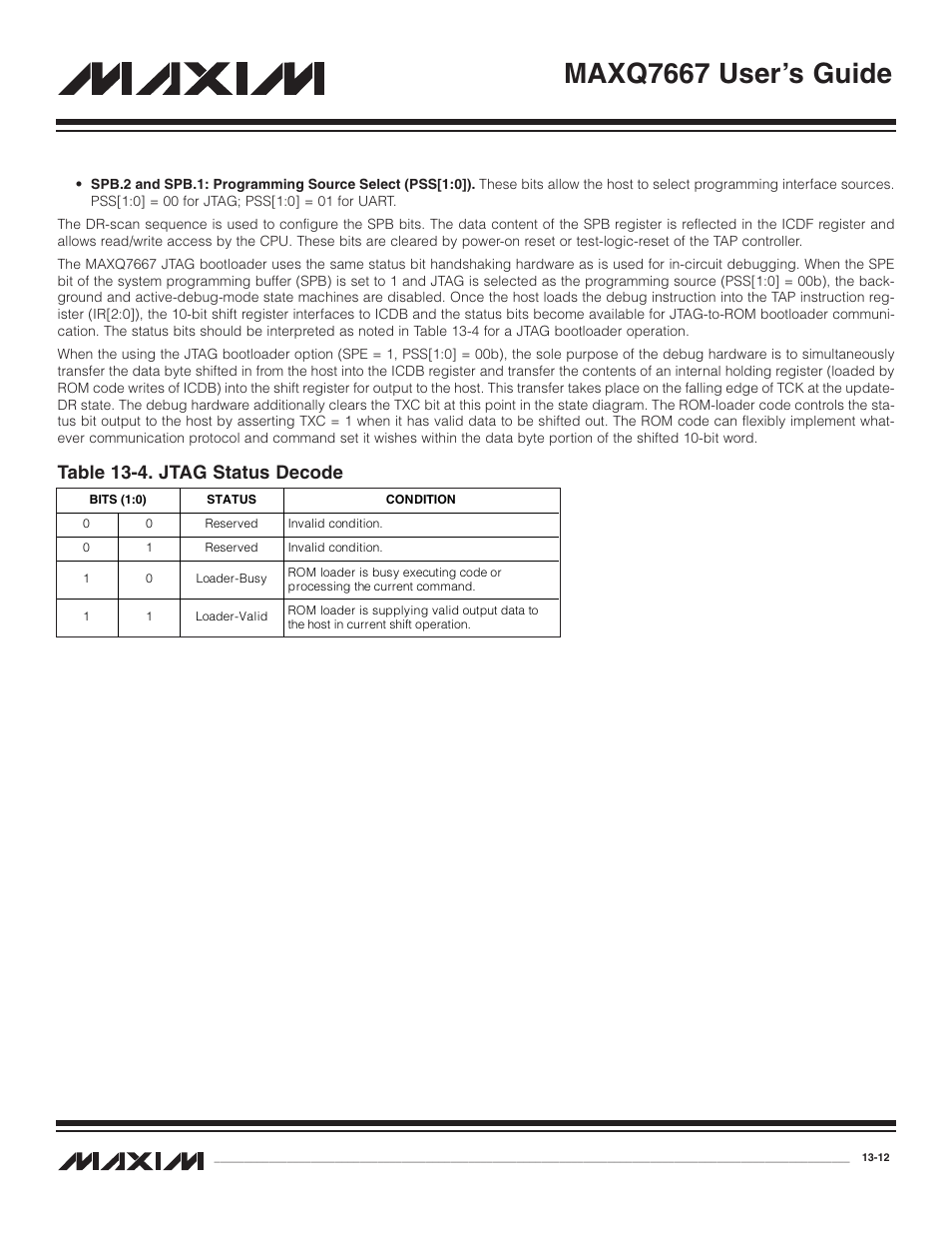 Table 13-4. jtag status decode -12, Maxq7667 user’s guide, Table 13-4. jtag status decode | Maxim Integrated MAXQ7667 User Manual | Page 230 / 347