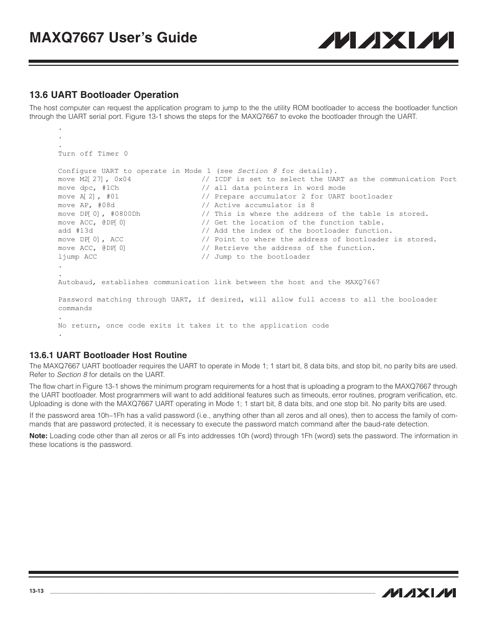6 uart bootloader operation, 1 uart bootloader host, 6 uart bootloader operation -13 | 1 uart bootloader host routine -13, Maxq7667 user’s guide | Maxim Integrated MAXQ7667 User Manual | Page 231 / 347
