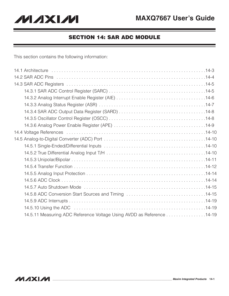 Section 14: sar adc module, Section 14: sar adc module -1, Maxq7667 user’s guide | Maxim Integrated MAXQ7667 User Manual | Page 233 / 347