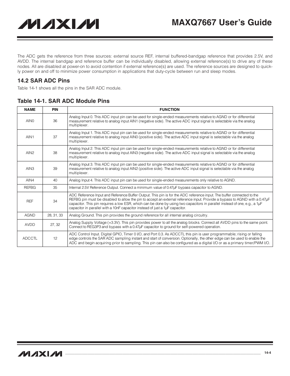 2 sar adc pins, 2 sar adc pins -4, Table 14-1. sar adc module pins -4 | Maxq7667 user’s guide, Table 14-1. sar adc module pins | Maxim Integrated MAXQ7667 User Manual | Page 236 / 347