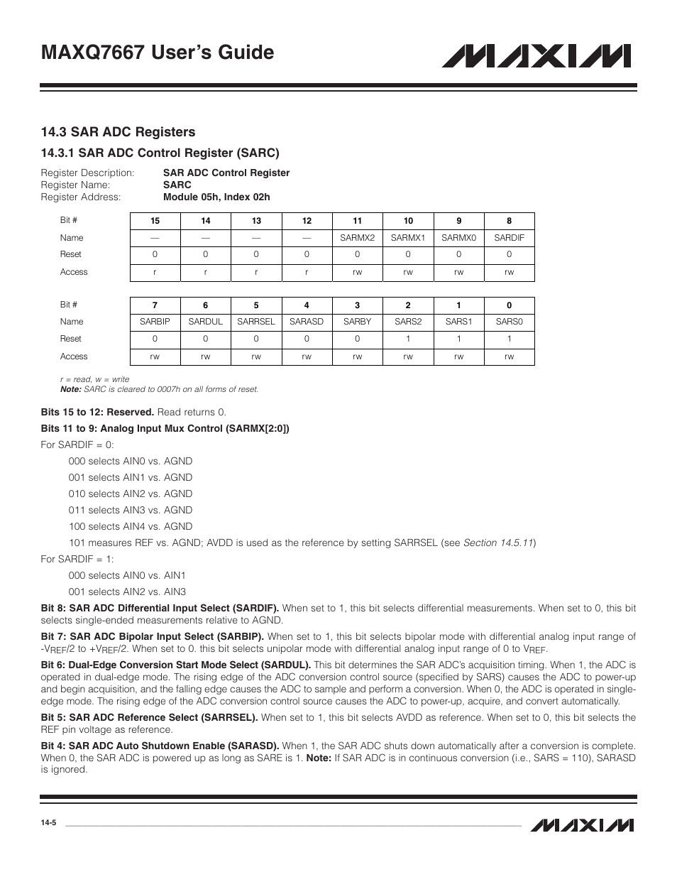 3 sar adc registers, 1 sar adc control regis, 3 sar adc registers -5 | 1 sar adc control register (sarc) -5, Maxq7667 user’s guide, 1 sar adc control register (sarc) | Maxim Integrated MAXQ7667 User Manual | Page 237 / 347