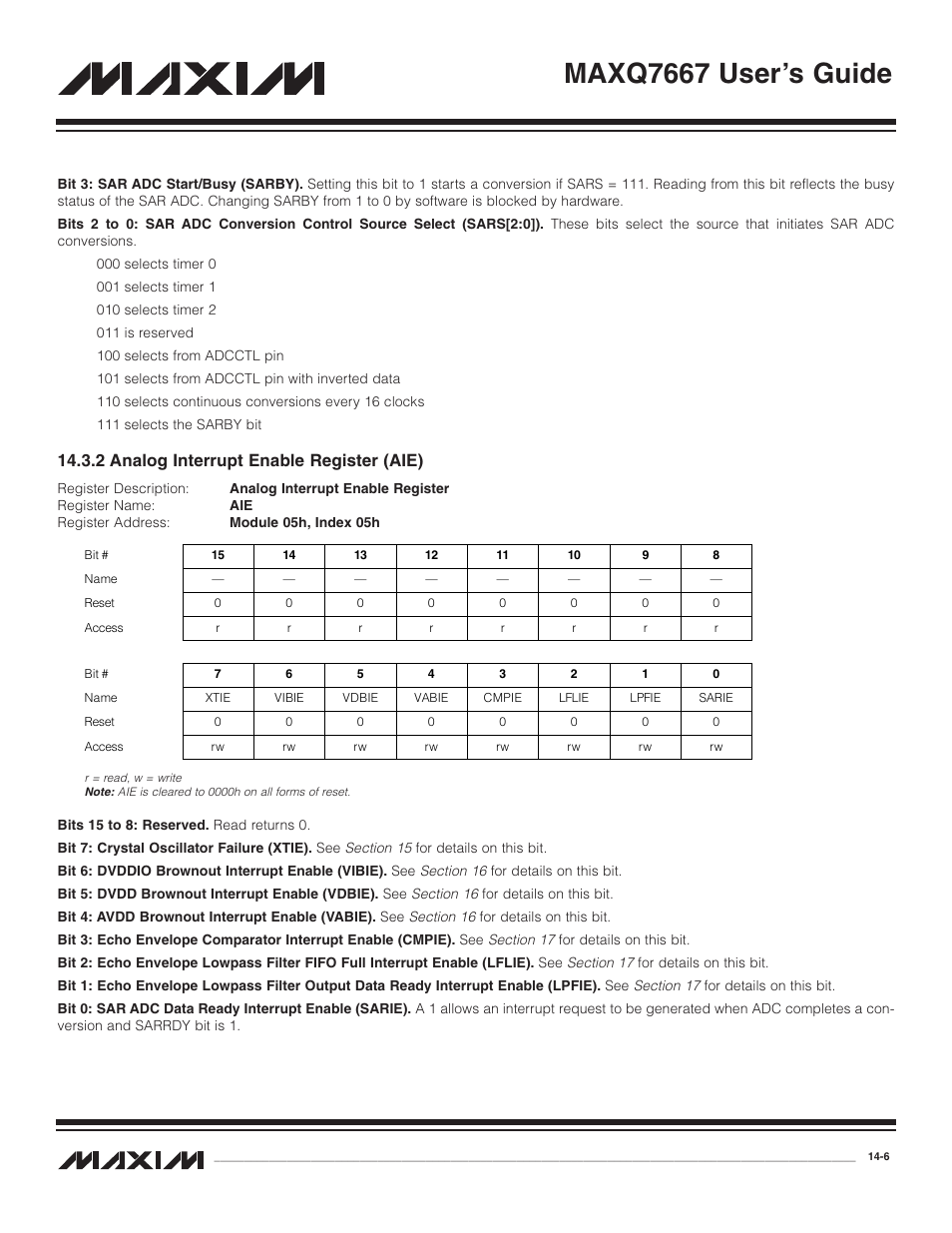 2 analog interrupt enab, 2 analog interrupt enable register (aie) -6, Maxq7667 user’s guide | 2 analog interrupt enable register (aie) | Maxim Integrated MAXQ7667 User Manual | Page 238 / 347