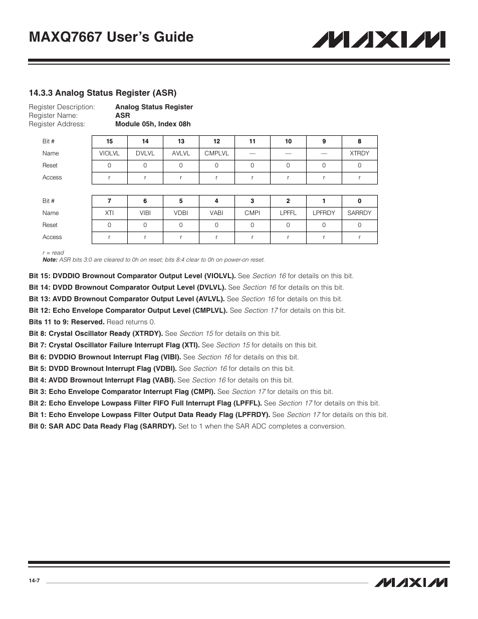 3 analog status registe, 3 analog status register (asr) -7, Maxq7667 user’s guide | 3 analog status register (asr) | Maxim Integrated MAXQ7667 User Manual | Page 239 / 347