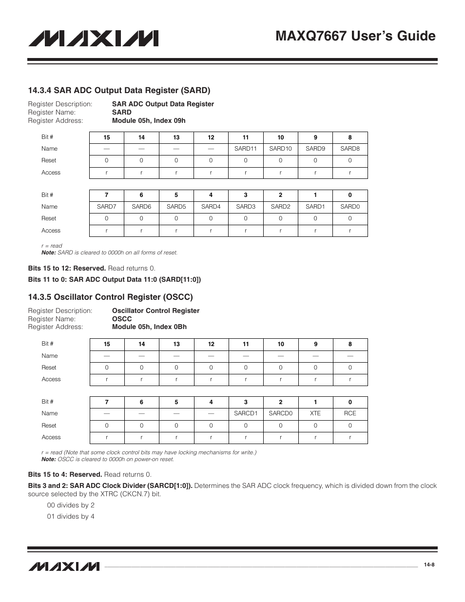 4 sar adc output data r, 5 oscillator control re, 4 sar adc output data register (sard) -8 | 5 oscillator control register (oscc) -8, Maxq7667 user’s guide, 4 sar adc output data register (sard), 5 oscillator control register (oscc) | Maxim Integrated MAXQ7667 User Manual | Page 240 / 347