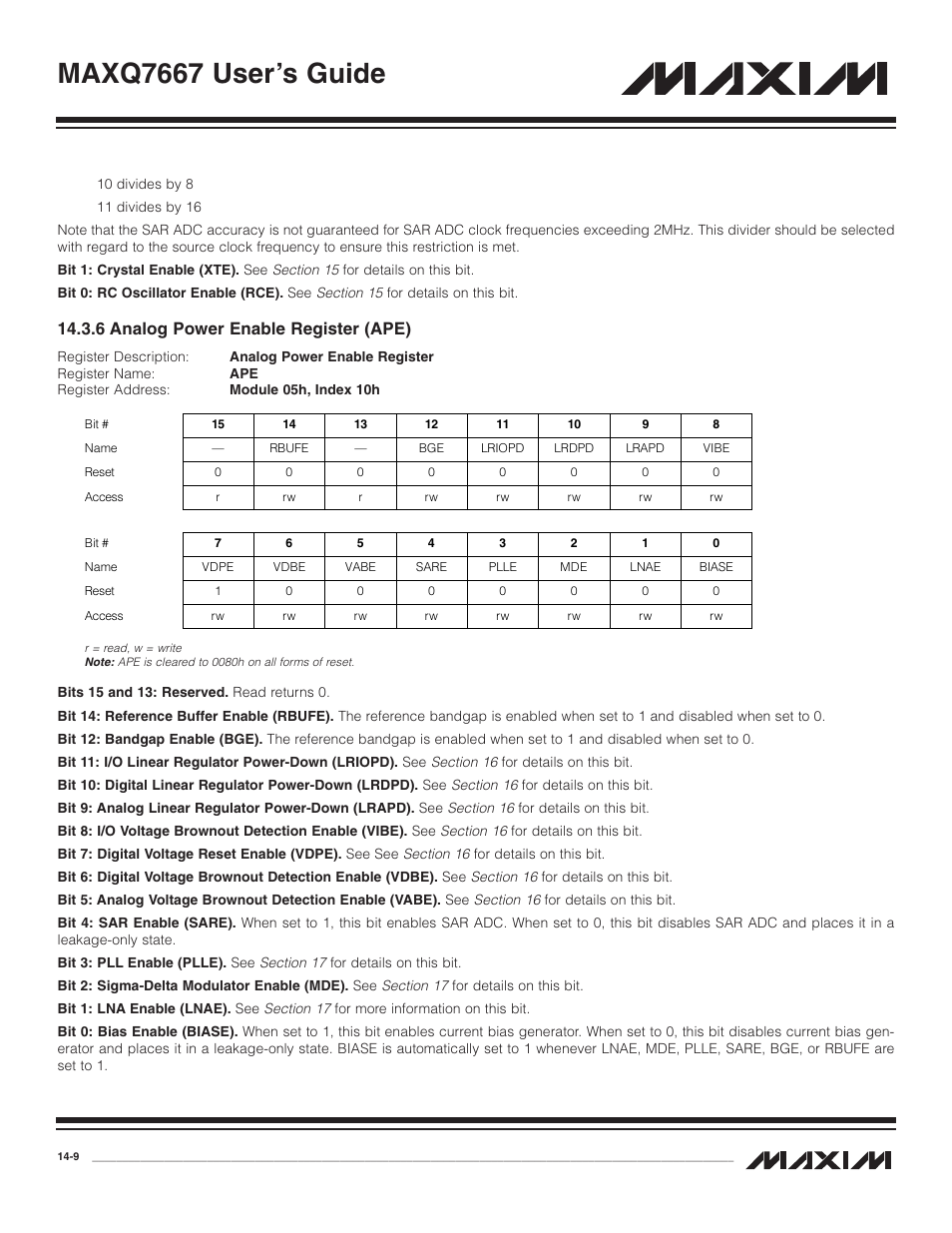 6 analog power enable r, 6 analog power enable register (ape) -9, Maxq7667 user’s guide | 6 analog power enable register (ape) | Maxim Integrated MAXQ7667 User Manual | Page 241 / 347