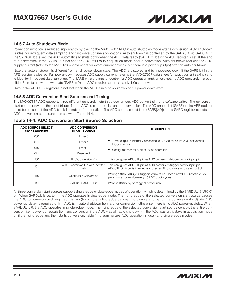 7 auto shutdown mode, 8 adc conversion start, 7 auto shutdown mode -15 | 8 adc conversion start sources and timing -15, Maxq7667 user’s guide, Table 14-4. adc conversion start source selection, 8 adc conversion start sources and timing | Maxim Integrated MAXQ7667 User Manual | Page 247 / 347