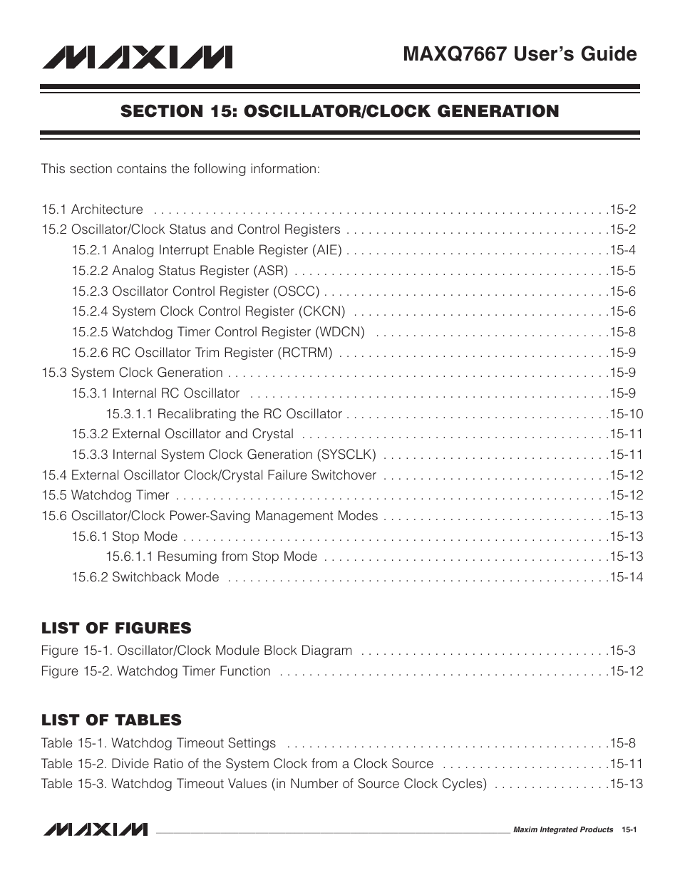 Section 15: oscillator/clock generation, Section 15: oscillator/clock generation -1, Maxq7667 user’s guide | Maxim Integrated MAXQ7667 User Manual | Page 253 / 347