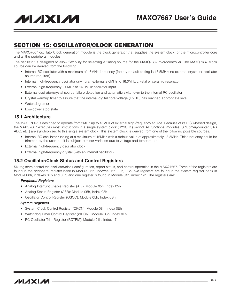 1 architecture, 2 oscillator/clock status, 1 architecture -2 | 2 oscillator/clock status and control registers -2, Maxq7667 user’s guide, 2 oscillator/clock status and control registers | Maxim Integrated MAXQ7667 User Manual | Page 254 / 347