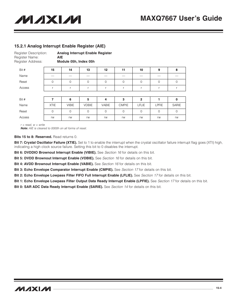 1 analog interrupt enab, 1 analog interrupt enable register (aie) -4, Maxq7667 user’s guide | 1 analog interrupt enable register (aie) | Maxim Integrated MAXQ7667 User Manual | Page 256 / 347