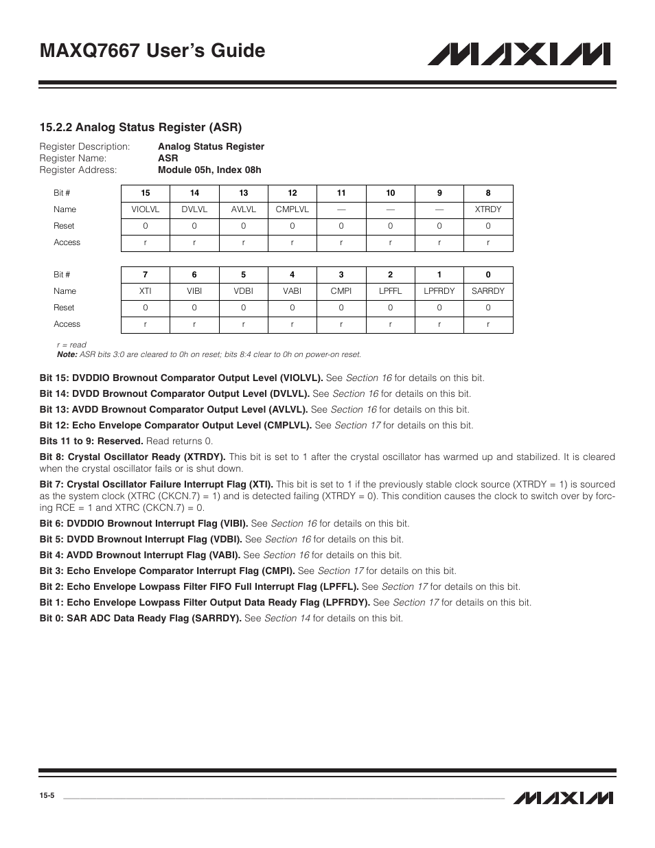 2 analog status registe, 2 analog status register (asr) -5, Maxq7667 user’s guide | 2 analog status register (asr) | Maxim Integrated MAXQ7667 User Manual | Page 257 / 347