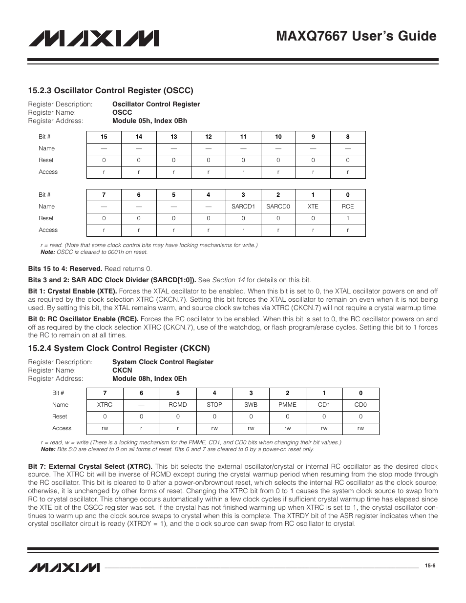 3 oscillator control re, 4 system clock control, 3 oscillator control register (oscc) -6 | 4 system clock control register (ckcn) -6, Maxq7667 user’s guide, 3 oscillator control register (oscc), 4 system clock control register (ckcn) | Maxim Integrated MAXQ7667 User Manual | Page 258 / 347