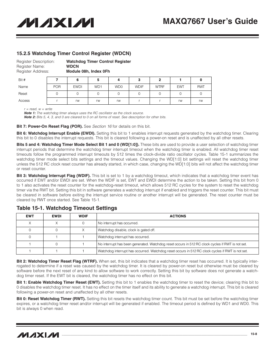 5 watchdog timer contro, 5 watchdog timer control register (wdcn) -8, Table 15-1. watchdog timeout settings -8 | Maxq7667 user’s guide, Table 15-1. watchdog timeout settings, 5 watchdog timer control register (wdcn) | Maxim Integrated MAXQ7667 User Manual | Page 260 / 347