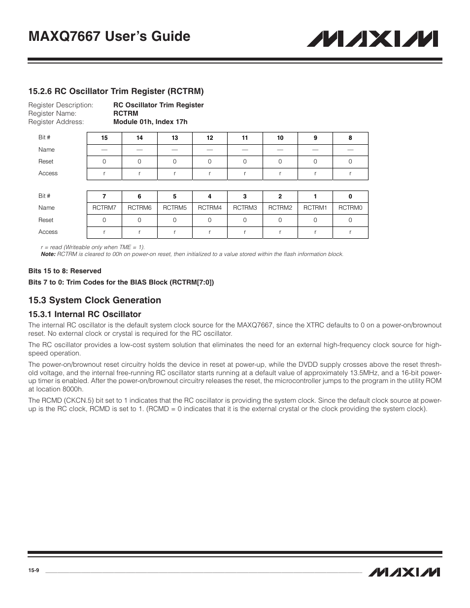 6 rc oscillator trim re, 3 system clock generation, 1 internal rc oscillator | 6 rc oscillator trim register (rctrm) -9, 3 system clock generation -9, 1 internal rc oscillator -9, Maxq7667 user’s guide, 6 rc oscillator trim register (rctrm) | Maxim Integrated MAXQ7667 User Manual | Page 261 / 347
