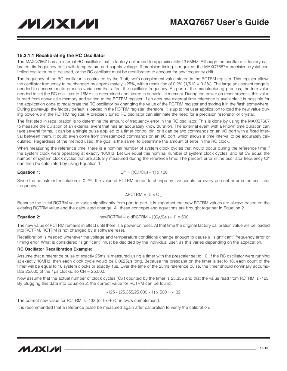 1 recalibrating the r, 1 recalibrating the rc oscillator -10, Maxq7667 user’s guide | Maxim Integrated MAXQ7667 User Manual | Page 262 / 347