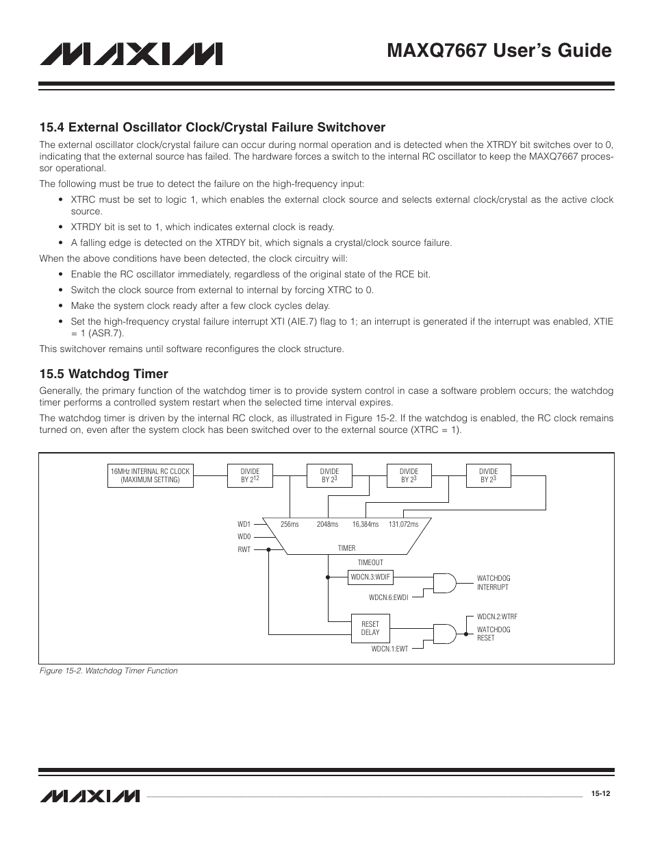 4 external oscillator clo, 5 watchdog timer, 5 watchdog timer -12 | Figure 15-2. watchdog timer function -12, Maxq7667 user’s guide | Maxim Integrated MAXQ7667 User Manual | Page 264 / 347