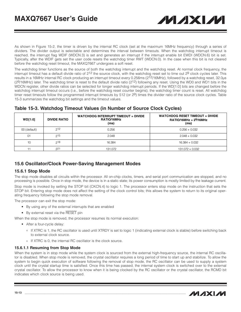 6 oscillator/clock power, 1 stop mode, 1 resuming from stop | 1 stop mode -13, 1 resuming from stop mode -13, Maxq7667 user’s guide | Maxim Integrated MAXQ7667 User Manual | Page 265 / 347
