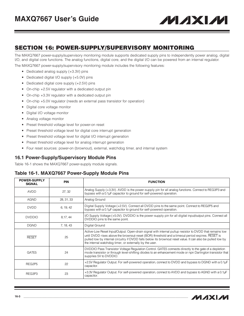 1 power-supply/supervisor, 1 power-supply/supervisory module pins -3, Table 16-1. maxq7667 power-supply module pins -3 | Maxq7667 user’s guide, 1 power-supply/supervisory module pins | Maxim Integrated MAXQ7667 User Manual | Page 269 / 347