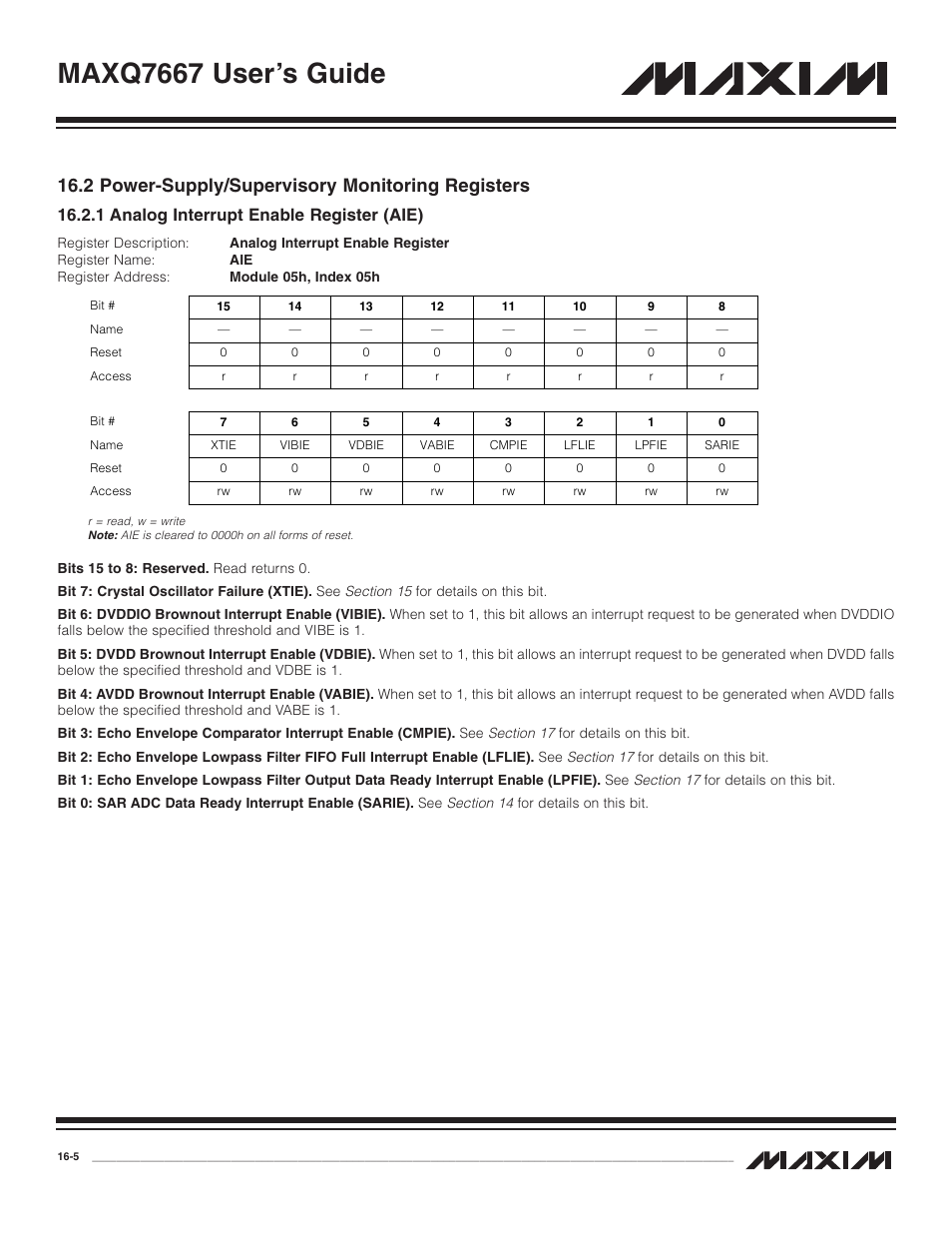 2 power-supply/supervisor, 1 analog interrupt enab, 2 power-supply/supervisory monitoring registers -5 | 1 analog interrupt enable register (aie) -5, Maxq7667 user’s guide, 2 power-supply/supervisory monitoring registers, 1 analog interrupt enable register (aie) | Maxim Integrated MAXQ7667 User Manual | Page 271 / 347