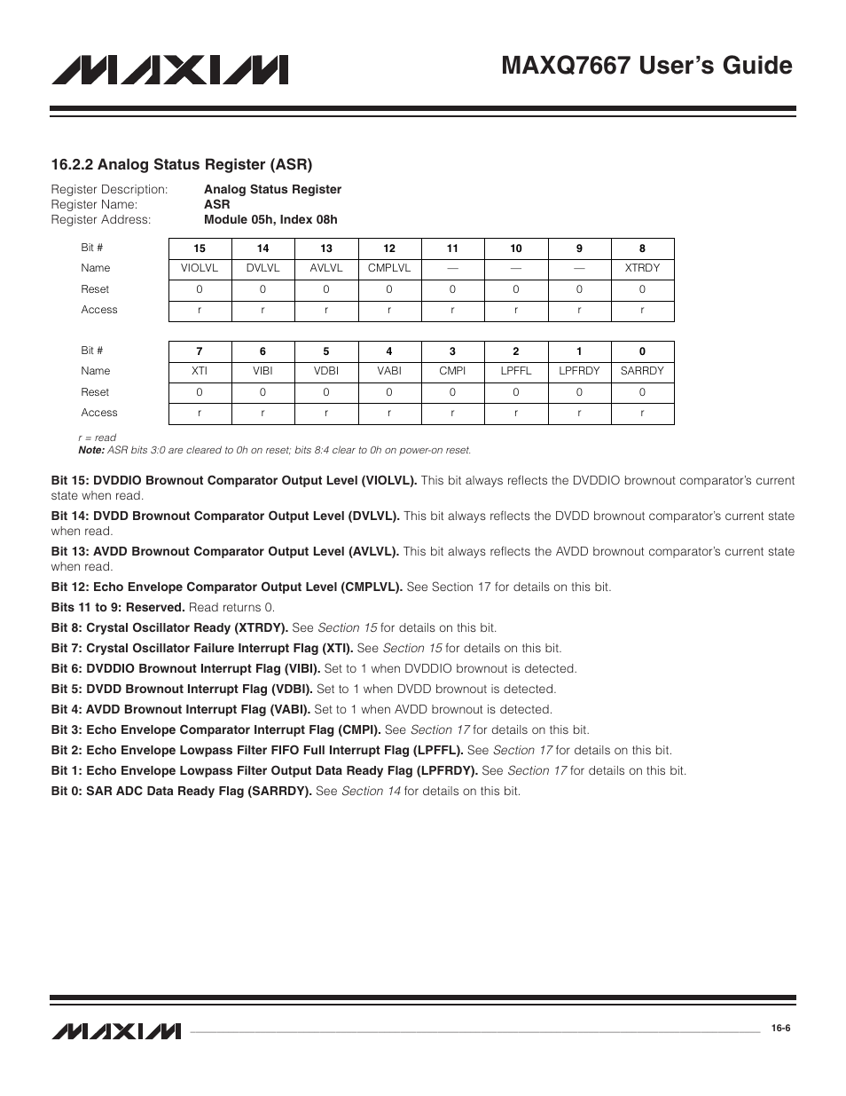 2 analog status registe, 2 analog status register (asr) -6, Maxq7667 user’s guide | 2 analog status register (asr) | Maxim Integrated MAXQ7667 User Manual | Page 272 / 347