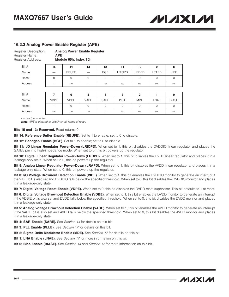 3 analog power enable r, 3 analog power enable register (ape) -7, Maxq7667 user’s guide | 3 analog power enable register (ape) | Maxim Integrated MAXQ7667 User Manual | Page 273 / 347
