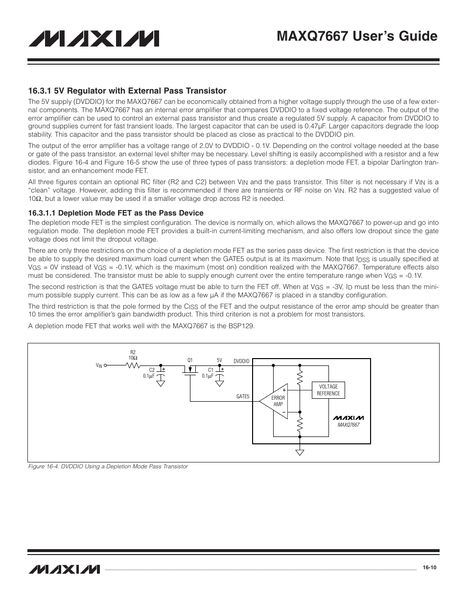 1 5v regulator with ext, 1 depletion mode fet, 1 5v regulator with external pass transistor -10 | 1 depletion mode fet as the pass device -10, Maxq7667 user’s guide, 1 5v regulator with external pass transistor | Maxim Integrated MAXQ7667 User Manual | Page 276 / 347