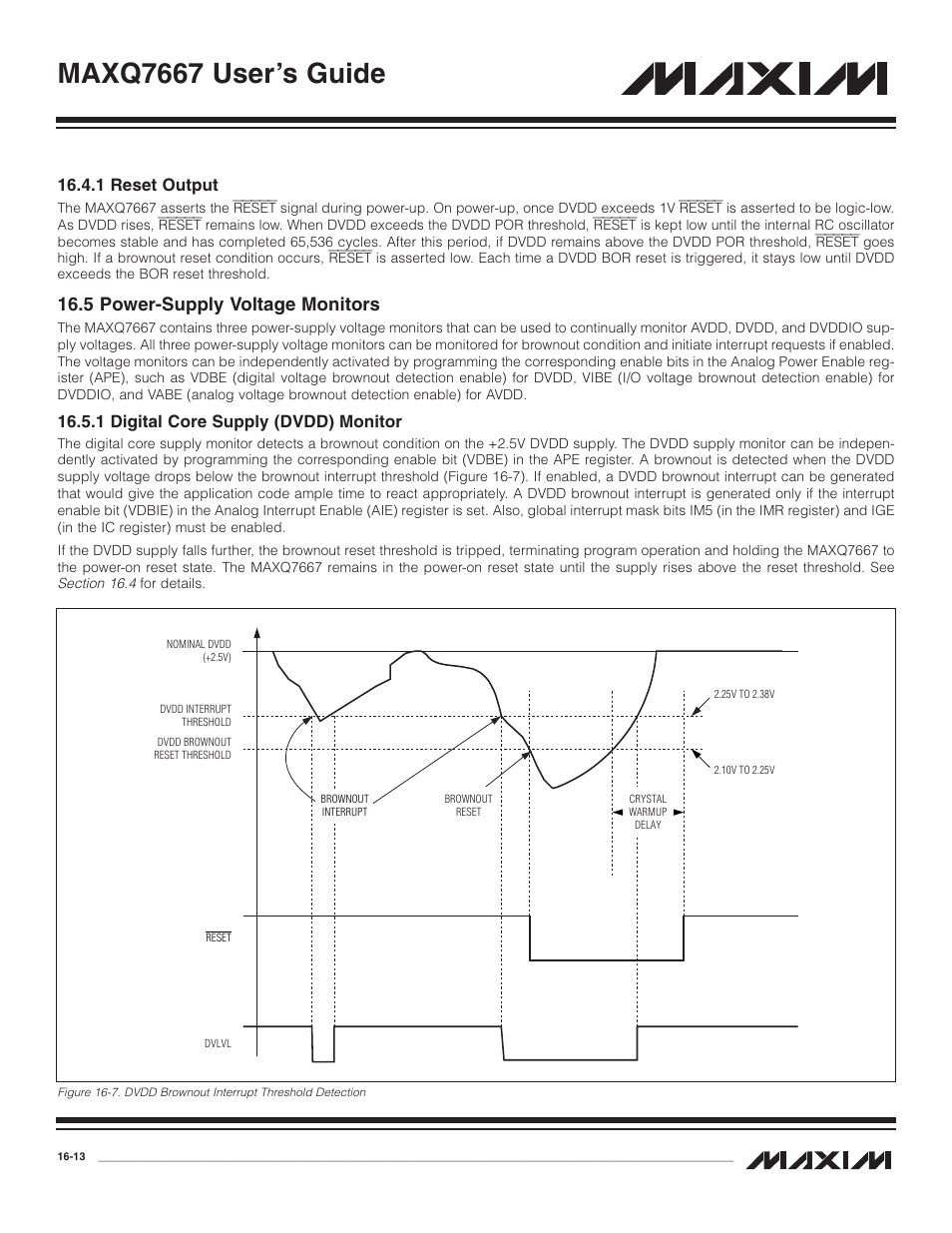 1 reset output, 5 power-supply voltage mo, 1 digital core supply | 1 reset output -13, 5 power-supply voltage monitors -13, 1 digital core supply (dvdd) monitor -13, Maxq7667 user’s guide, 5 power-supply voltage monitors, 1 digital core supply (dvdd) monitor | Maxim Integrated MAXQ7667 User Manual | Page 279 / 347