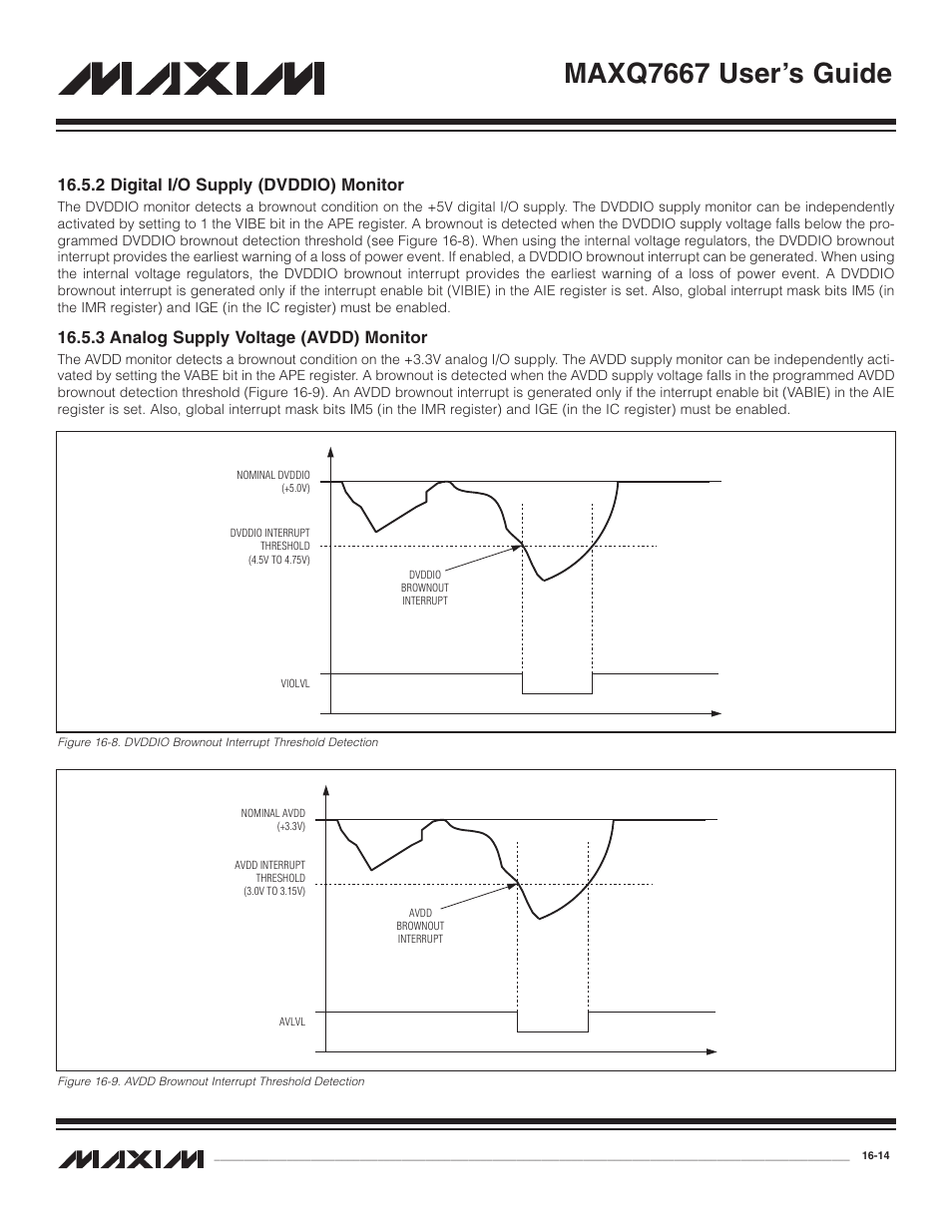 2 digital i/o supply (d, 3 analog supply voltage, 2 digital i/o supply (dvddio) monitor -14 | 3 analog supply voltage (avdd) monitor -14, Maxq7667 user’s guide, 2 digital i/o supply (dvddio) monitor, 3 analog supply voltage (avdd) monitor | Maxim Integrated MAXQ7667 User Manual | Page 280 / 347