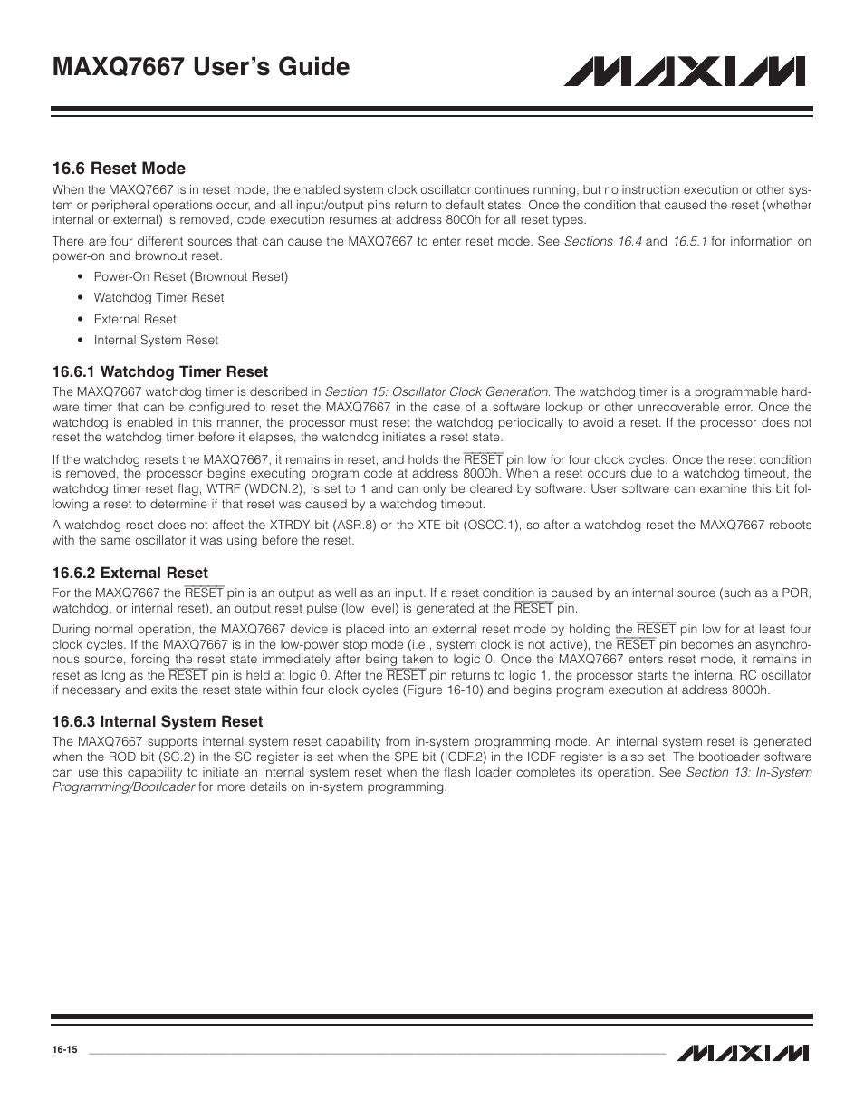 6 reset mode, 1 watchdog timer reset, 2 external reset | 3 internal system reset, 6 reset mode -15, 1 watchdog timer reset -15, 2 external reset -15, 3 internal system reset -15, Maxq7667 user’s guide | Maxim Integrated MAXQ7667 User Manual | Page 281 / 347