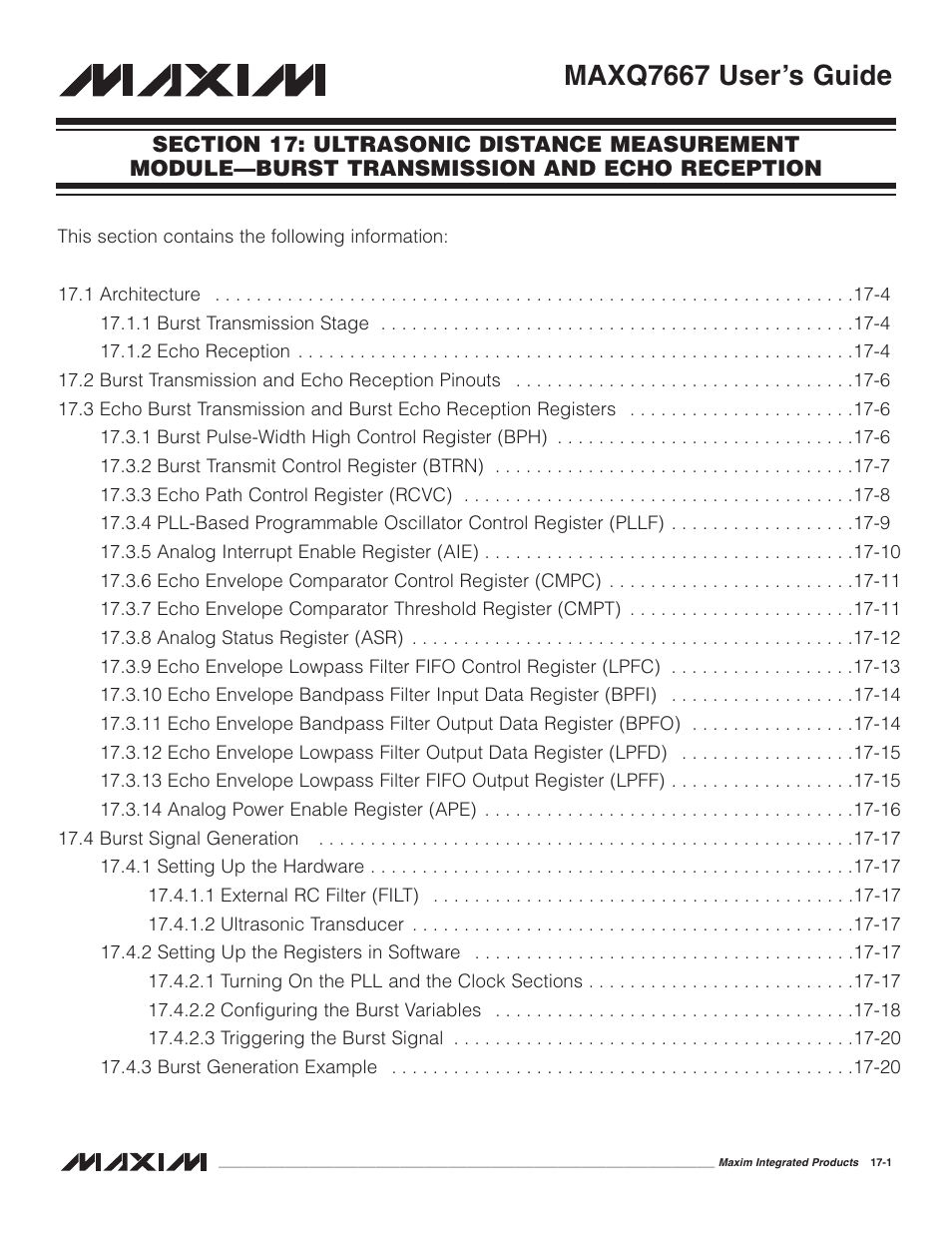 Section 17: ultrasonic distance measurement module, Burst transmission and echo reception -1, Maxq7667 user’s guide | Maxim Integrated MAXQ7667 User Manual | Page 283 / 347