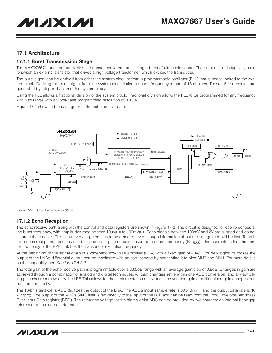 1 architecture, 1 burst transmission stage, 2 echo reception | 1 architecture -4, 1 burst transmission stage -4, 2 echo reception -4, Figure 17-1. burst transmission stage -4, Maxq7667 user’s guide | Maxim Integrated MAXQ7667 User Manual | Page 286 / 347